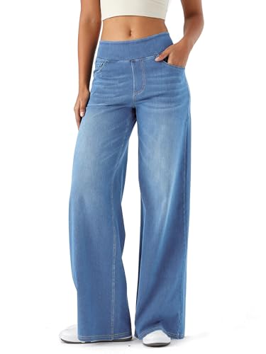 LaiEr Damen Denim Hose mit weitem Bein, hohe Taille, gerades Bein, lockere Passform, Unregelmäßiger handgeriebener Katzenschnurrhaarverlauf hohe Elastizität Casual Jeans(Light BlueM) von LaiEr
