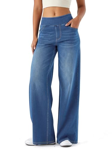 LaiEr Damen Denim Hose mit weitem Bein, hohe Taille, gerades Bein, lockere Passform, Unregelmäßiger handgeriebener Katzenschnurrhaarverlauf hohe Elastizität Casual Jeans(Medium BlueL) von LaiEr