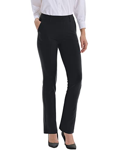 LaiEr Damen Kleiderhosen Gürtel Schleifen Stretch Arbeit Hosen Business Casual Gerade Bein Yoga Bootcut Hosen mit Taschen(Black,Medium) von LaiEr