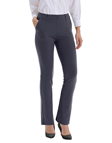 LaiEr Damen Kleiderhosen Gürtel Schleifen Stretch Arbeit Hosen Business Casual Gerade Bein Yoga Bootcut Hosen mit Taschen(Dark Grey,3X-Large) von LaiEr