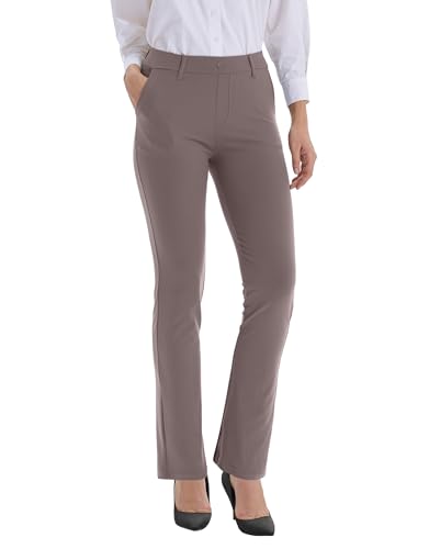 LaiEr Damen Kleiderhosen Gürtel Schleifen Stretch Arbeit Hosen Business Casual Gerade Bein Yoga Bootcut Hosen mit Taschen(Light Brown,X-Large) von LaiEr