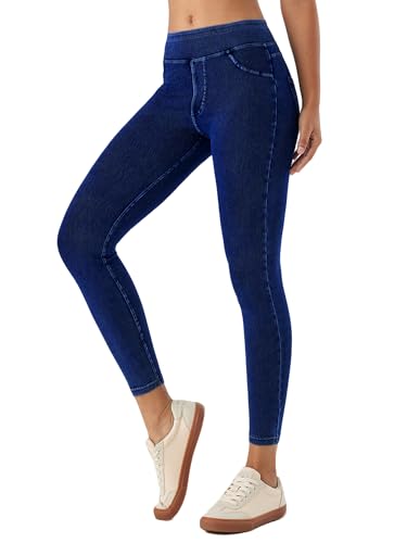LaiEr Damen Skinny Jeans Gekürzte Tights Leggings Mid-Rise Pull On Tummy Control Casual Fitness Leggings, hoch elastische weiche Stoff Falsch Denim Druck Optik Yoga Capri Hosen(Dark BlueM) von LaiEr