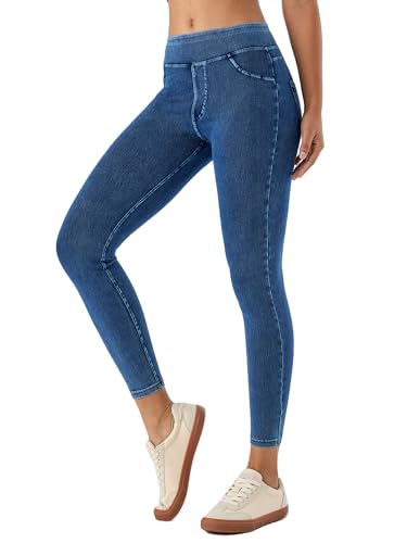LaiEr Damen Skinny Jeans Gekürzte Tights Leggings Mid-Rise Pull On Tummy Control Casual Fitness Leggings, hoch elastische weiche Stoff Falsch Denim Druck Optik Yoga Capri Hosen(Medium BlueM) von LaiEr