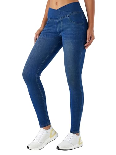 LaiEr Damen V Crossover Skinny Jeans Hohe Taille Bauchkontrolle Casual Fitness Leggings, Weich und elastisch Casual Faux Denim Print mit Seitentaschen(DarkBlueXXL) von LaiEr