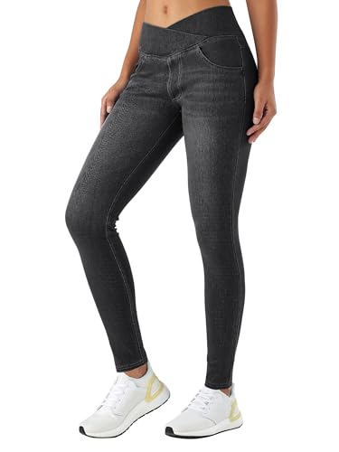 LaiEr Damen V Crossover Skinny Jeans Hohe Taille Bauchkontrolle Casual Fitness Leggings, Weich und elastisch Casual Faux Denim Print mit Seitentaschen(DarkGrauL) von LaiEr