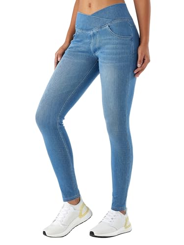 LaiEr Damen V Crossover Skinny Jeans Hohe Taille Bauchkontrolle Casual Fitness Leggings, Weich und elastisch Casual Faux Denim Print mit Seitentaschen(Light BlueM) von LaiEr