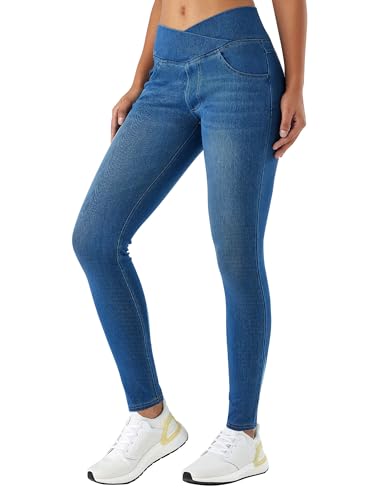 LaiEr Damen V Crossover Skinny Jeans Hohe Taille Bauchkontrolle Casual Fitness Leggings, Weich und elastisch Casual Faux Denim Print mit Seitentaschen(Medium BlueL) von LaiEr