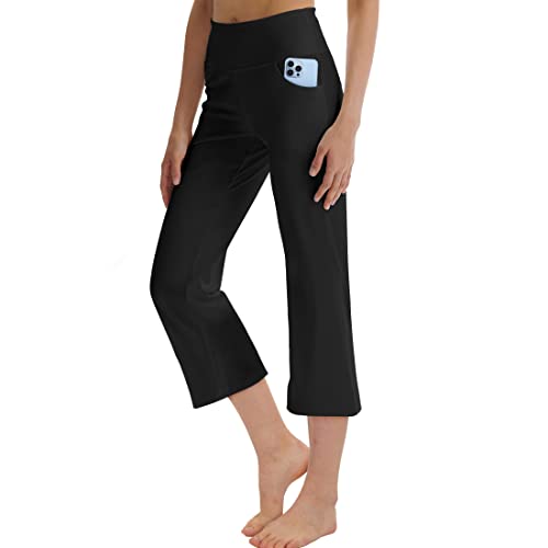 LaiEr Frauen Yoga Capri Hose mit Taschen Weites Bein Straighthose Bauchkontrolle(Black,Medium) von LaiEr