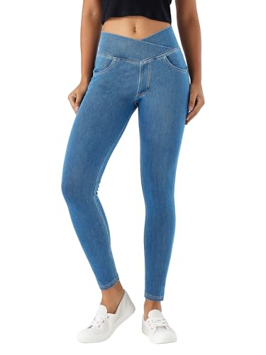 LaiEr V Crossover Skinny Jeans für Damen Hohe Taille, ohne Reißverschluss, Bauchunterstützung, Casual Fitness-Leggings. Hochelastische weiche Stoff Yogahosen mit Taschen(Light BlueM) von LaiEr