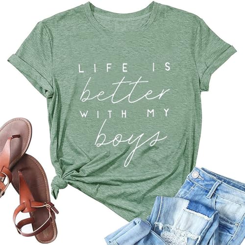 Life is Better with My Boys Women Funny Mom Gift Shirts Graphic Summer Short Athletic Casual Workout Tops, Bean Green, Klein von Laibao