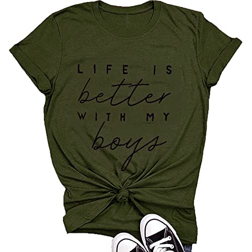 Life is Better with My Boys Women Funny Mom Workout Shirts Grafik Herbst Kurzarm Athletic Casual Tops, olivgrün, Mittel von Laibao