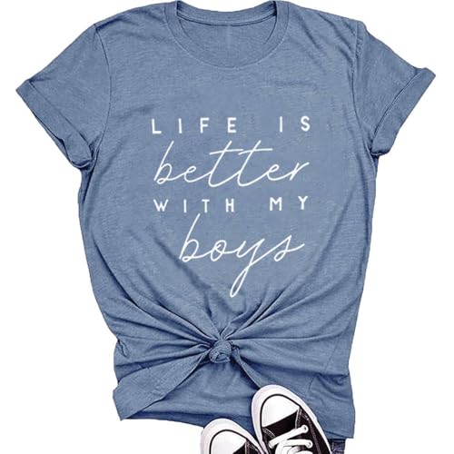 Life is Better with My Boys Women Lustige Mutter Geschenk Shirts Grafik Sommer Kurz Athletic Casual Workout Tops, Blau (Ink Blue), Mittel von Laibao