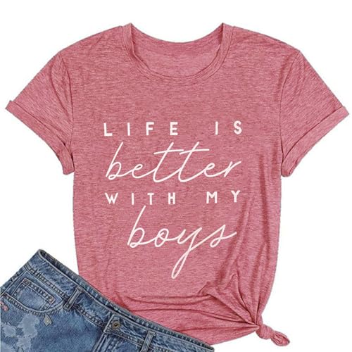 Life is Better with My Boys Women Lustige Mutter Geschenk Shirts Grafik Sommer Kurz Athletic Casual Workout Tops, Rot/Ausflug, einfarbig (Getaway Solids), Klein von Laibao
