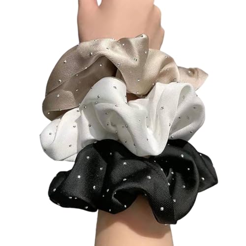 3pcs Strasssteine ​​verschönerte Scrunchie Ruffled Stoffponytailhalter Große Perlen Haarbindungen Für Tägliche Verwendung Oder Partys von Laikoutd