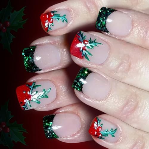 Fake Nails Mit Weihnachten Themen 24 Punkte Abs Bauen Französische Glitzer Grüne Blatt Design Einfach Zu Beantragen Für Frauen Party Nägel Kunst Bauch von Laikoutd