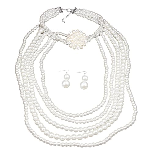 Laikoutd Elegante Kunstperlenkragen Labber Halskette Ohrringe Mode Perlen Schmuck Set Mehrschichtige Stränge Accessoire Für Frauen Perlen Halskette Ohrringe von Laikoutd
