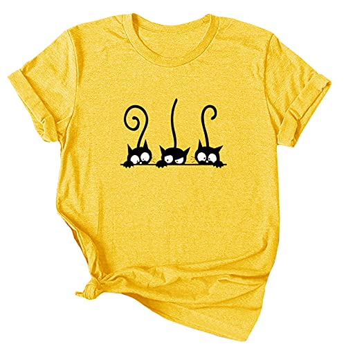 Lailezou Damen Drei Katzen Muster Einfarbig Druck O-Ausschnitt Einfaches T-Shirt Sommer Casual Basic Kurzarm Top - Gelb - XX-Large von Lailezou