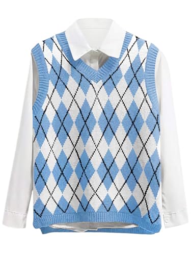 Lailezou Damen Strickpullover mit V-Ausschnitt, Argyle, kariert, adretter Stil, ärmellos, bauchfreies Strick-Tanktop, Hell, blau, XX-Large Lailezou Damen Strickpullover mit V-Ausschnitt, Argyle, kariert, adretter Stil, ärmellos, bauchfreies Strick-Tanktop, Hell, blau, XX-Large von Lailezou