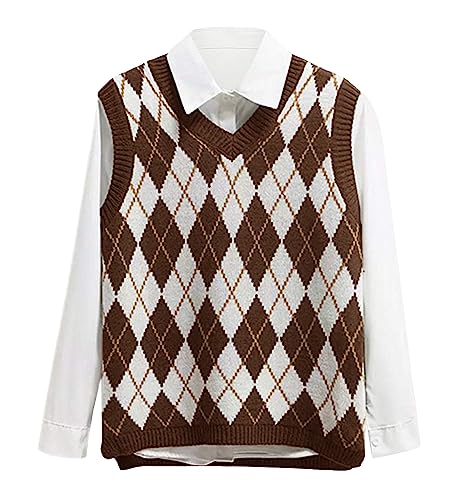 Lailezou Damen V-Ausschnitt Strickpullover Weste Argyle-Plaid adretter Stil ärmellos Crop Strickwaren Tank, braun, X-Groß von Lailezou