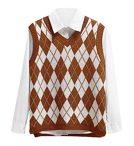 Lailezou Damen V-Ausschnitt Strickpullover Weste Argyle-Plaid adretter Stil ärmellos Crop Strickwaren Tank, gelb, XX-Large von Lailezou