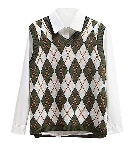 Lailezou Damen V-Ausschnitt Strickpullover Weste Argyle-Plaid adretter Stil ärmellos Crop Strickwaren Tank - Gr�n - X-Groß von Lailezou