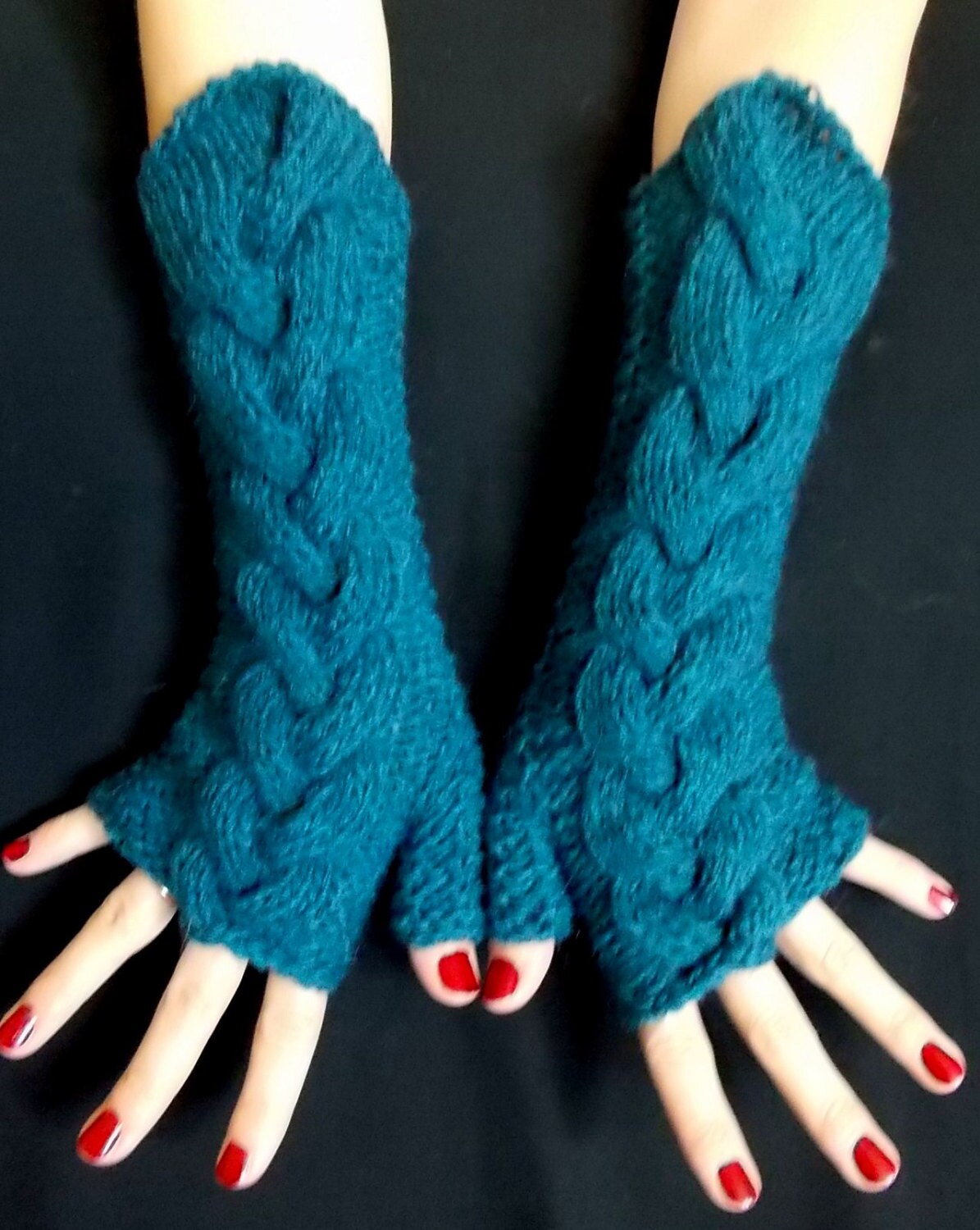 Fingerlose Handschuhe Lange Blau Grün/Teal Zopfmuster Warme Winter Pulswärmer Für Frauen Mit Alpaka von LaimaShop