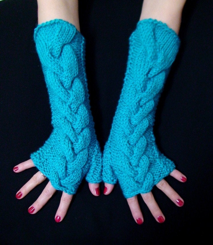 Fingerlose Handschuhe Strick Türkis Blau Weiche Zopfmuster Pulswärmer von LaimaShop