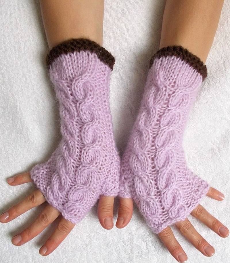 Handgestrickte Fingerlose Handschuhe Gestrickte Warme Armstulpen Hellviolett Lila Braun Damen von LaimaShop