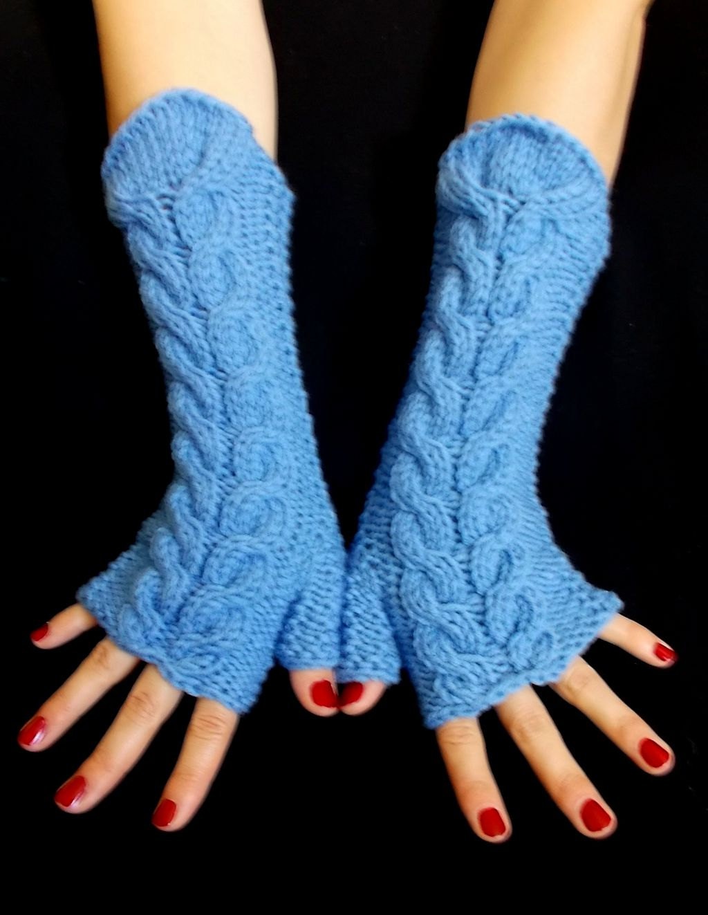 Handgestrickte Frauen Fingerlose Handschuhe Blau Kabel Handgelenk/Armstulpen Weich Warm Winter Accessoire von LaimaShop
