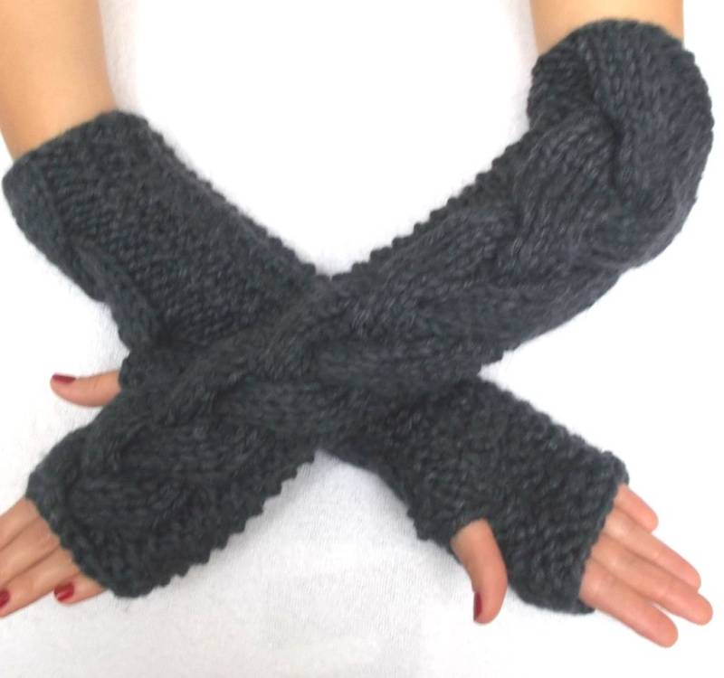 Super Chunky Fingerlose Handschuhe Ellenbogen Länge Armstulpen Dunkelgrau Warm von LaimaShop