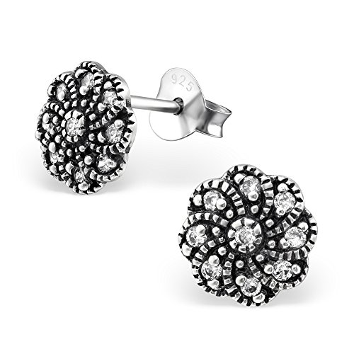 Laimons Damen-Ohrstecker Damenschmuck Mandala-Blume oxidiert Weiß Zirkonia Sterling Silber 925 von Laimons