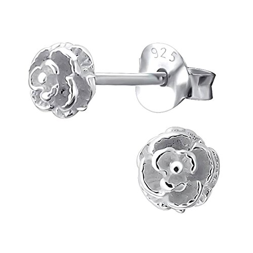 Damen Ohrringe Silberne Rosen-Ohrstecker – 925 Sterling Silber, versilbert + E-Coat, 6 mm x 6 mm von Laimons