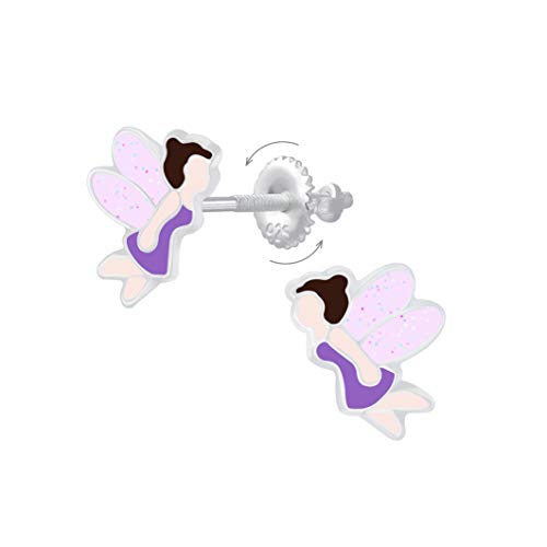 Laimons Kinder Mädchen-Ohrstecker Elfe Fee 9 x 7mm rosa lila mit Verschluss zum drehen aus Sterling Silber 925 von Laimons