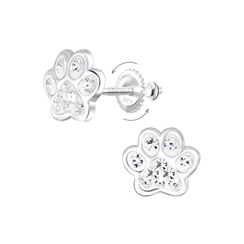 Laimons Kinder Mädchen-Ohrstecker Hundepfote Tatze 8mm Glitzer mit Verschluss zum drehen aus Sterling Silber 925 (Weiß) von Laimons