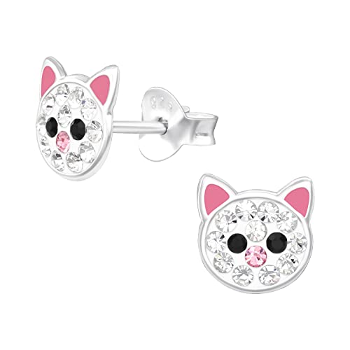 Laimons Kinder Mädchen-Ohrstecker Katze Mieze 7mm Glitzer Rosa Weiß Schwarz aus Sterling Silber 925 von Laimons