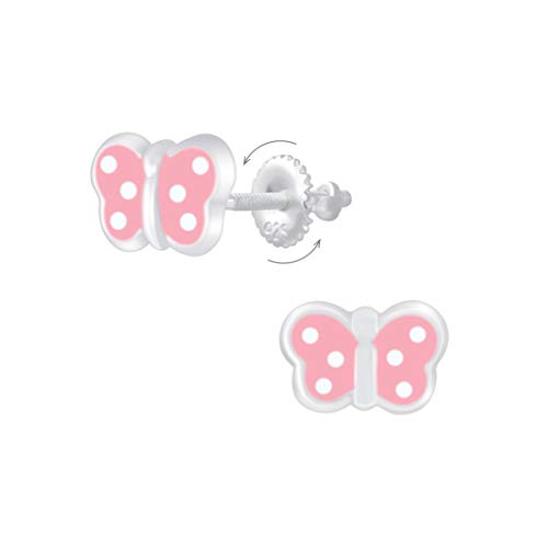 Laimons Kinder Mädchen-Ohrstecker Schmetterling 9 x 5mm rosa weiß mit Verschluss zum drehen aus Sterling Silber 925 von Laimons