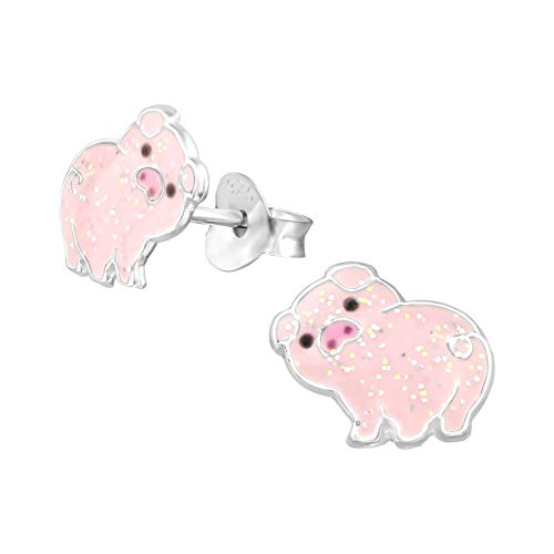Laimons Kinder Mädchen-Ohrstecker Schwein Schweinchen Tier Glücksbringer rosa Glitzer 10 mm Sterling Silber 925 von Laimons