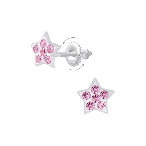 Laimons Kinder Mädchen-Ohrstecker Stern Sternchen Glanz mit Glitzer Rosa mit Verschluss zum drehen aus Sterling Silber 925 von Laimons