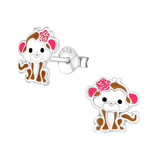 Laimons Mädchen Kids Kinder-Ohrstecker Ohrringe Kinderschmuck Affe Äffchen Braun, Weiß und Pink Sterling Silber 925 von Laimons