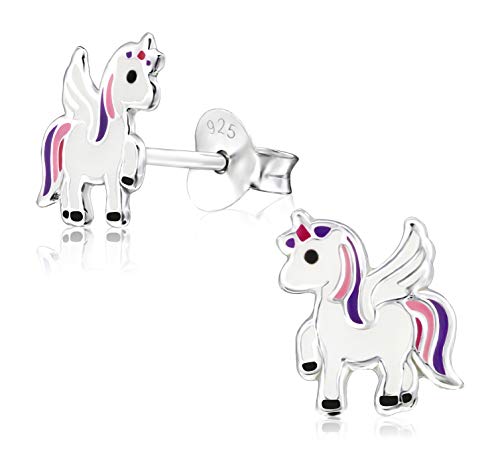 Laimons Mädchen Kids Kinder-Ohrstecker Ohrringe Kinderschmuck Einhorn Pegasos Fabelwesen Weiß Rosa Lila Glitzer aus Sterling Silber 925 von Laimons