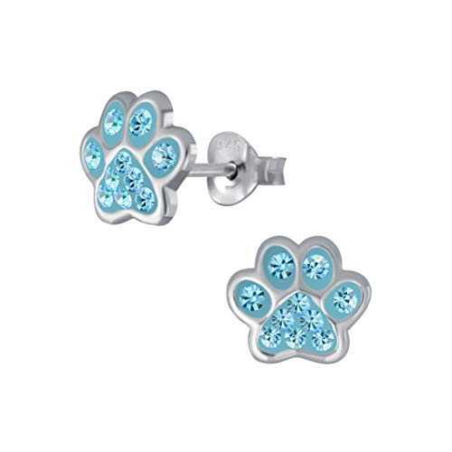 Laimons Mädchen Kids Kinder-Ohrstecker Ohrringe Kinderschmuck Hundepfote Pfote Pfötchen Tatzen mit Glitzer in hell Blau 7mm klein aus Sterling Silber 925 von Laimons