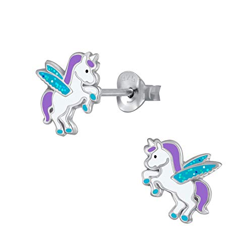 Laimons Mädchen Kinder-Ohrstecker Ohrringe Kinderschmuck Einhorn Stecker Unicorn Pegasus 8mm Tuerkis, Lila und Weiß mit Glitzer Sterling Silber 925 von Laimons