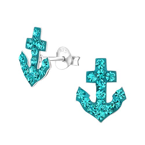 Laimons Mädchen-Ohrstecker Anker Maritim 12mm Glanz mit Glitzer Grün aus Sterling Silber 925 von Laimons