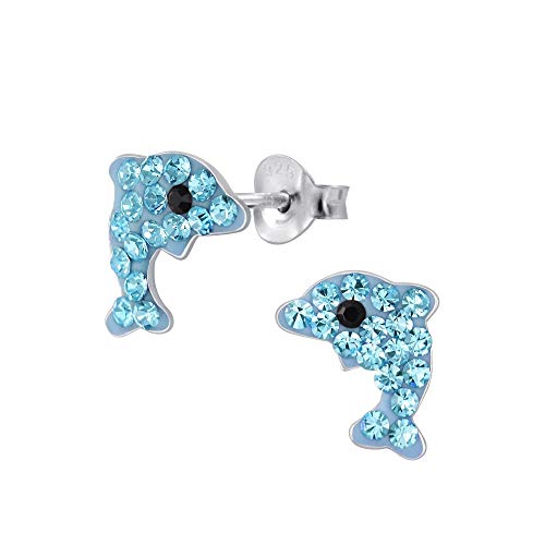 Laimons Mädchen-Ohrstecker Delphin Delfin Glitzer hell-blau 9 mm aus Sterling Silber 925 von Laimons