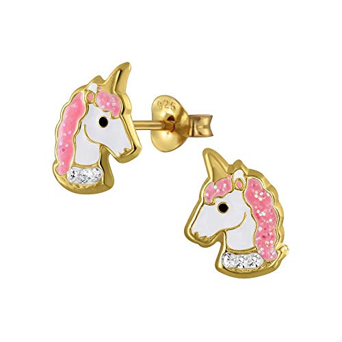 Laimons Mädchen-Ohrstecker Einhorn 11 X 8 mm rosa mit Glitzer vergoldet Sterling Silber 925 von Laimons