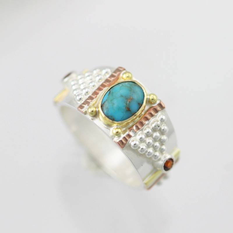 Ovaler Totem Ring Mit Türkis & Granat in Sterling Silber, Gold 585 Und Kupfer Ovaler Totem Ring Mit Türkis & Granat in Sterling Silber, Gold 585 Und Kupfer von LaineBenthalldesigns