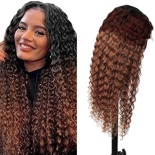 Lakaisa Echthaar Perücke Kinky Curly Human Hair Wig 4X4 HD Lace Front Wig Brazilian Virgin Human Hair Wear and Go Glueless Wig 1B4/30 Black Root Brown Color Wig for Woman 28 Zoll von Lakaisa