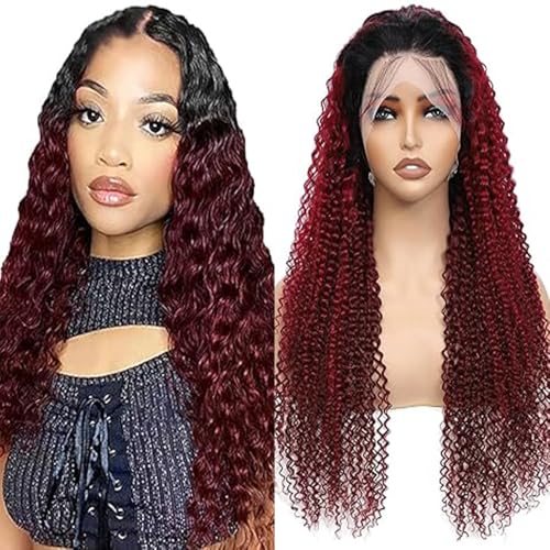 Lakaisa 13X1 HD Lace Wig Human Hair Wig Perücke Echthaar Damen Glueless Wig Wear and Go Kinky Curly Wig 100% Brazilian Human Hair 1B/99J Tow Tone Color 22 Inch No Smell No Tangle von Lakaisa