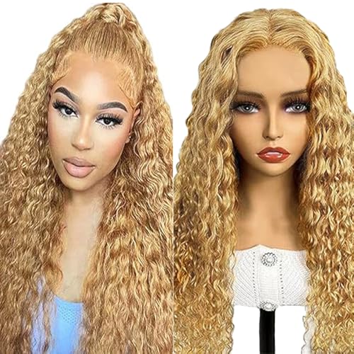 Lakaisa Curly Wave Human Hair Wig Blonde 4x1 Lace #27 Blond Echthaar Perücke Damen Real Hair Glueless Wear and Go with Baby Hair 150% Density Unprocessed Virgin Hair Brazilian Remy Hair 24 Zoll von Lakaisa