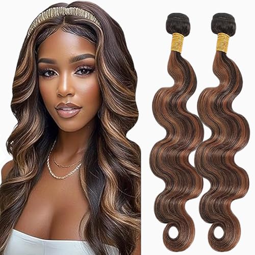 Lakaisa Body Wave Human Hair Bundles Echthaar Tressen Extensions Sew in Hair P430 Highlight Brown Real Hair Extensions 2 Bundles Unprocessed Virgin Human Hair Minimal Smell for Woman 14 14 Zoll von Lakaisa